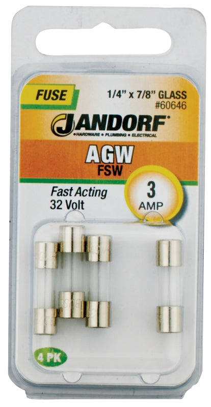 Jandorf 60646 Fast Acting Fuse, 3 A, 32 V, 10 kA Interrupt, Glass Body