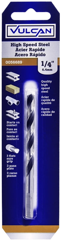 Vulcan Jobber Drill Bit, 1/4 in Dia, 4 in OAL, 3-Flat Shank