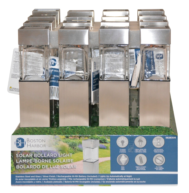 Boston Harbor 24189 Square Bollard Path Stake Lights, Ni-MH Battery, AA Battery, 1-Lamp, LED Lamp, Stainless Steel