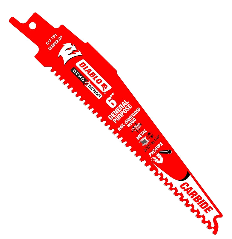 Diablo DS0609CGP Series Reciprocating Saw Blade, Applicable Materials: Metal, Plastic, Wood, 6 in L, 6/9 TPI
