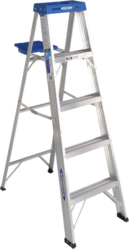 WERNER 365 Step Ladder, 5 ft , 4-Step, 250 lb, Type I Duty Rating, 3 in D Step, Aluminum, Blue