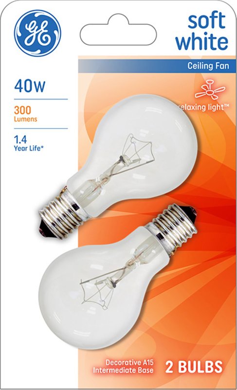 GE 74038 Light Bulb, 40 W, A15 Lamp, E17 Intermediate Lamp Base, 300 Lumens, 2500 K Color Temp, Soft White Light
