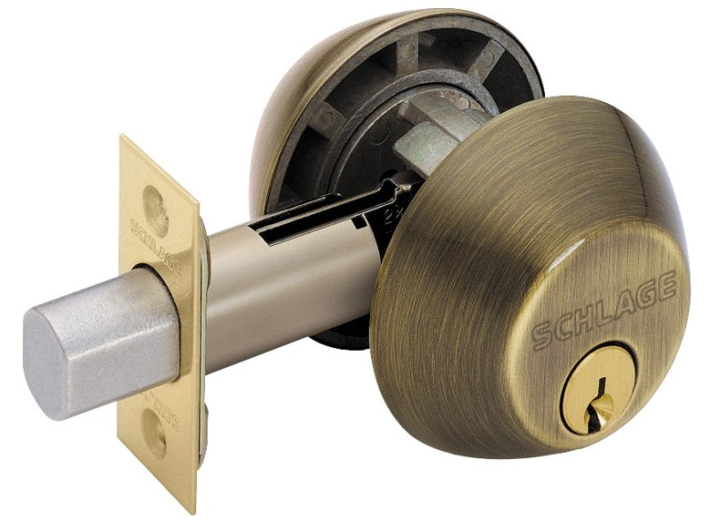 Schlage B62N609 Deadbolt, 1 Grade, SC1 Key, Metal, Antique Brass, 2-3/8, 2-3/4 in Backset, C Keyway