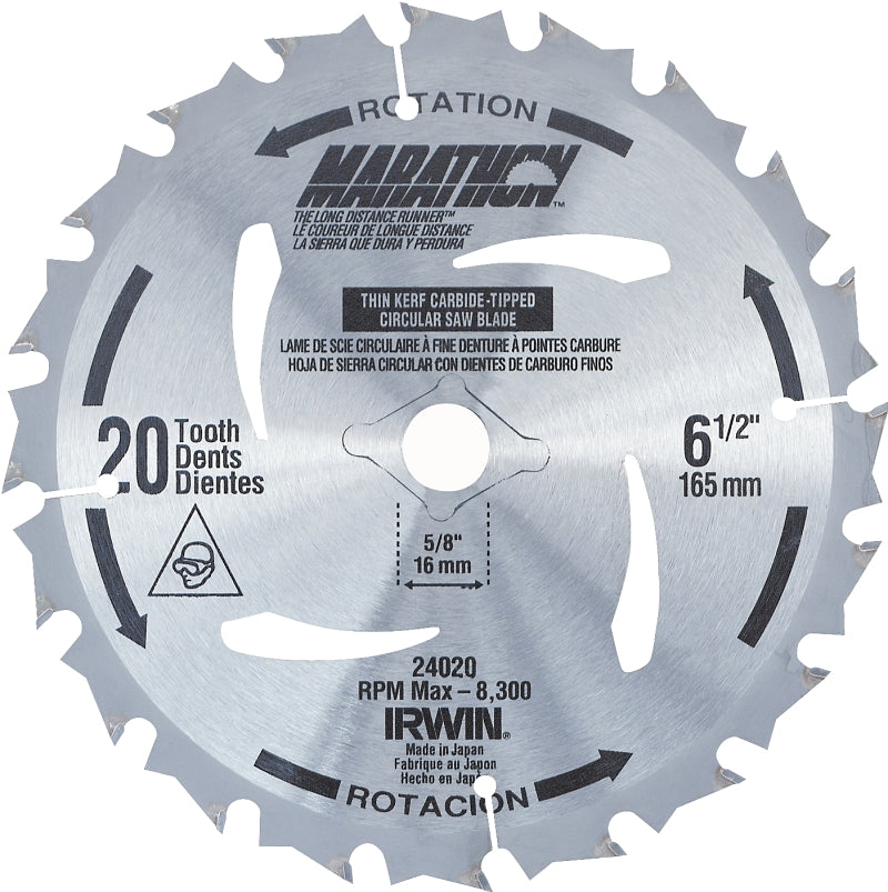 Irwin Marathon 24020 Circular Saw Blade, 6-1/2 in Dia, 5/8 in Arbor, 18-Teeth, Carbide Cutting Edge