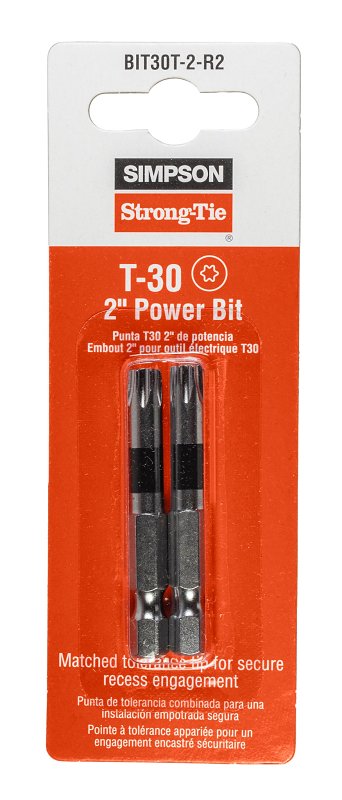 Simpson Strong-Tie BIT30T-2-R2 Driver Bit, T30 Drive, 6-Lobe Drive, 1/4 in Shank, Hex Shank, 2 in L, Steel