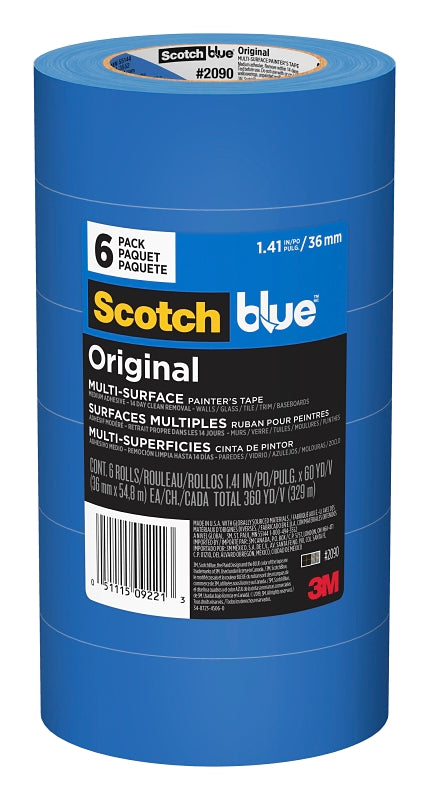 ScotchBlue 2090-36A-CP Painter's Tape, 60 yd L, 1-1/2 in W, Crepe Paper Backing, Blue