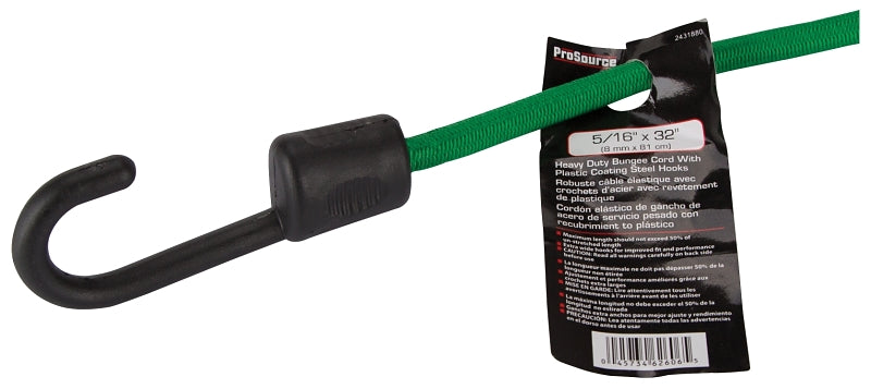 ProSource FH64083 Stretch Cord, 8 mm Dia, 32 in L, Polypropylene, Green, Hook End