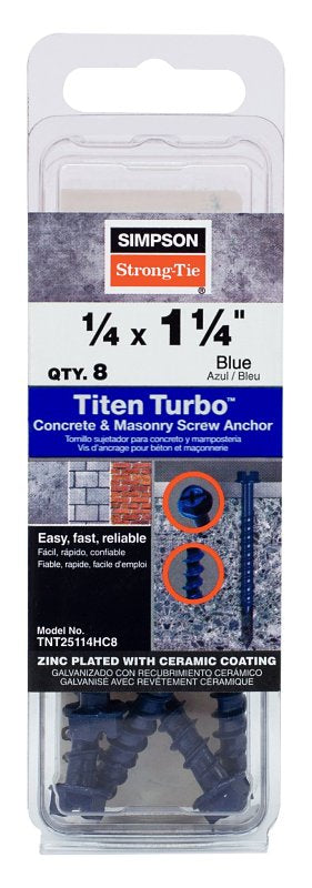 Simpson Strong-Tie Titen Turbo TNT25114HC8 Screw Anchor, 1/4 in Dia, 1-1/4 in L, Carbon Steel, Zinc Plated