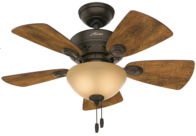 Hunter Watson Series 52090 Ceiling Fan, 5-Blade, Walnut Blade, 34 in Sweep, MDF Blade, 3-Speed, With Lights: Yes