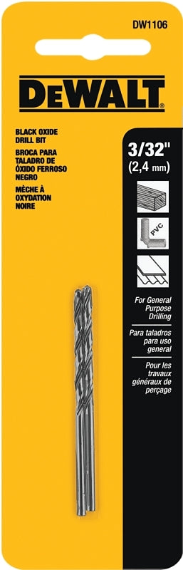 DeWALT DW1106 Jobber Drill Bit, 3/32 in Dia, 2-1/4 in OAL, Parabolic Flute, 3/32 in Dia Shank, Round Shank