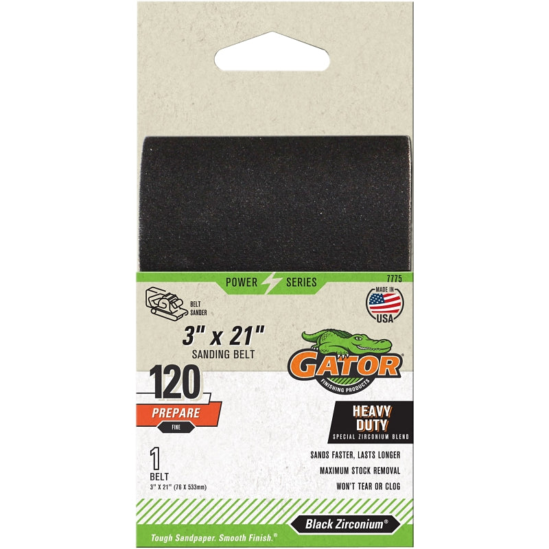 Gator 7775 Sanding Belt, 3 in W, 21 in L, 120 Grit, Fine, Zirconium Oxide Abrasive