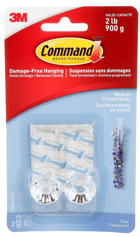 Command 17095CLR-EF Crystal Hook, 2 lb, 2-Hook, Plastic, Clear, 1/EA