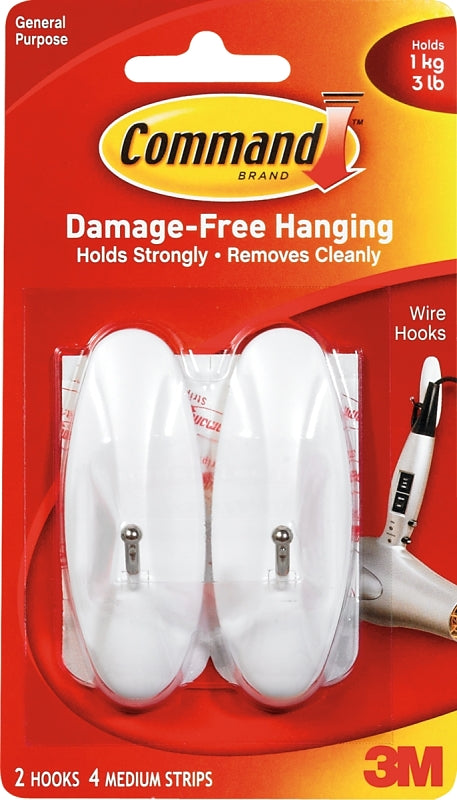 Command 17068 Wire Hook, 0.3 in Opening, 3 lb, 2-Hook, Metal/Plastic, White