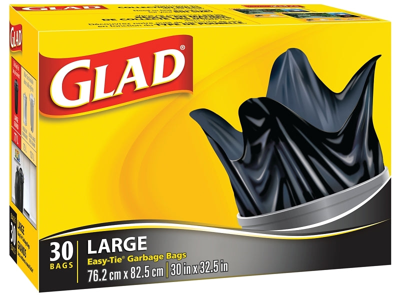 Glad Easy-Tie 11837PAK2 Garbage Bag, L, Plastic, Black