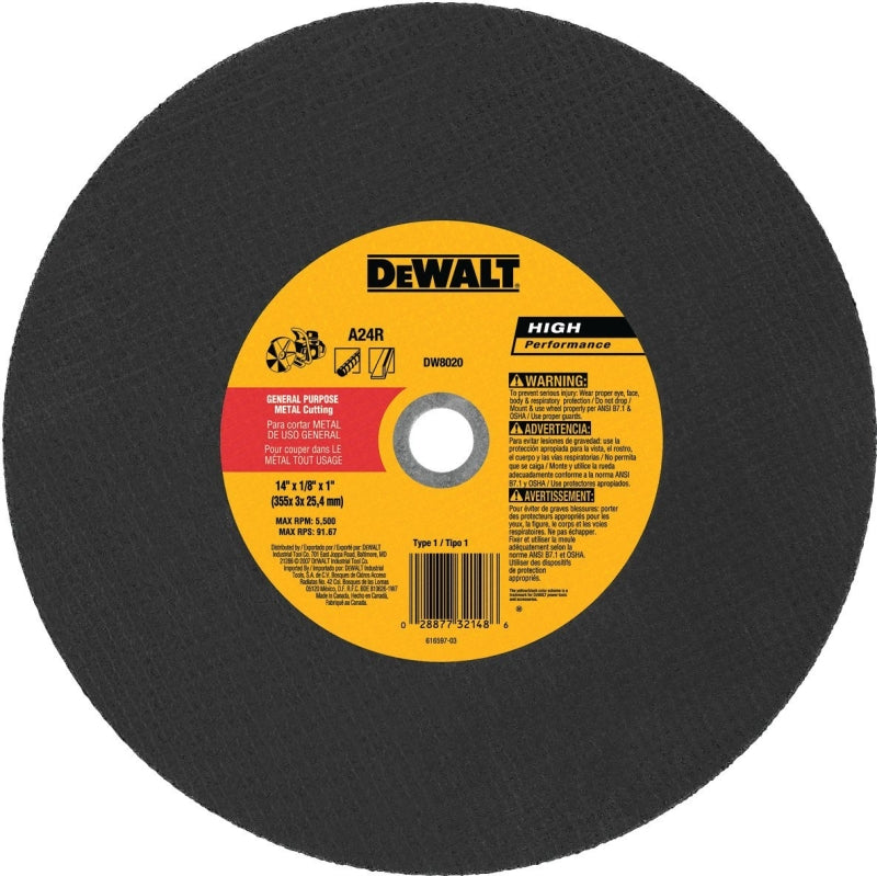 DeWALT DW8020 Cutting Wheel, 14 in Dia, 1/8 in Thick, 1 in Arbor, Aluminum Oxide Abrasive