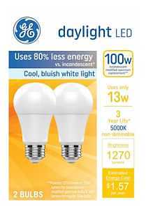 GE Basic Series 93131946 Light Bulb, General-Purpose, A19 Lamp, 100 W Equivalent, Medium Lamp Base, Frosted, Daylight