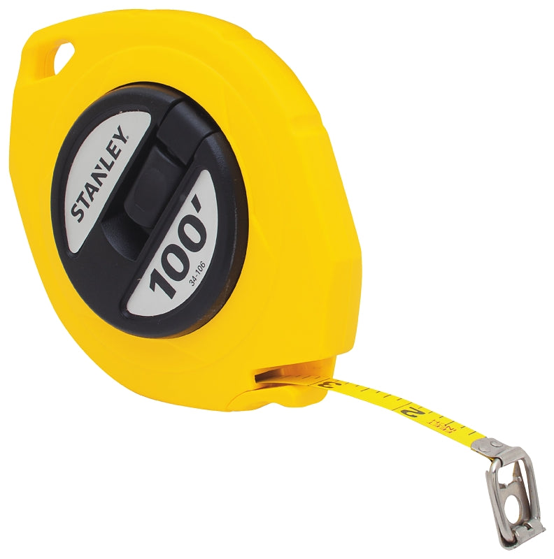 Stanley 34-106 Measuring Tape, 100 ft L Blade, 3/8 in W Blade, Steel Blade, ABS Case, Yellow Case