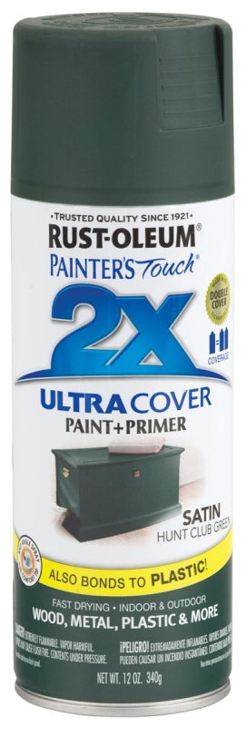 Rust-Oleum Painter's Touch 2X Ultra Cover 334072 Spray Paint, Satin, Hunt Green Club, 12 oz, Aerosol Can