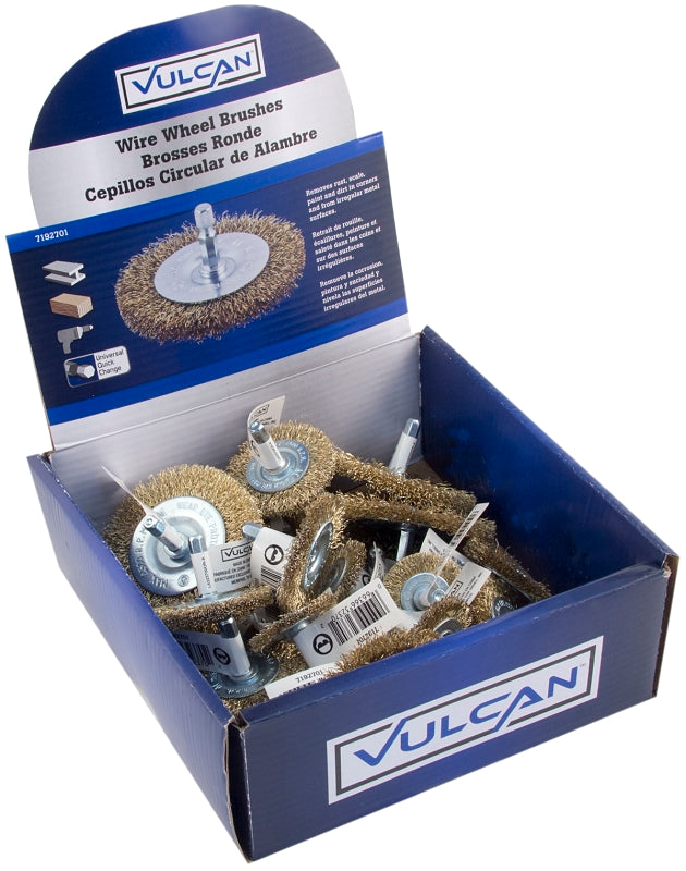 Vulcan 323700OR Assorted/Coarse-Grade Wire Wheel Brush Kit, 1-1/2, 2, 2-1/2, 3 in Dia, 1/4 in Arbor/Shank