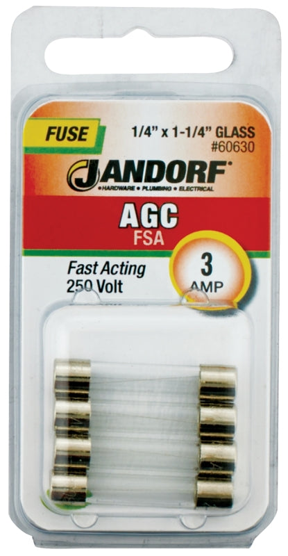 Jandorf 60630 Fast Acting Fuse, 3 A, 250 V, 100 A, 10 kA Interrupt, Glass Body