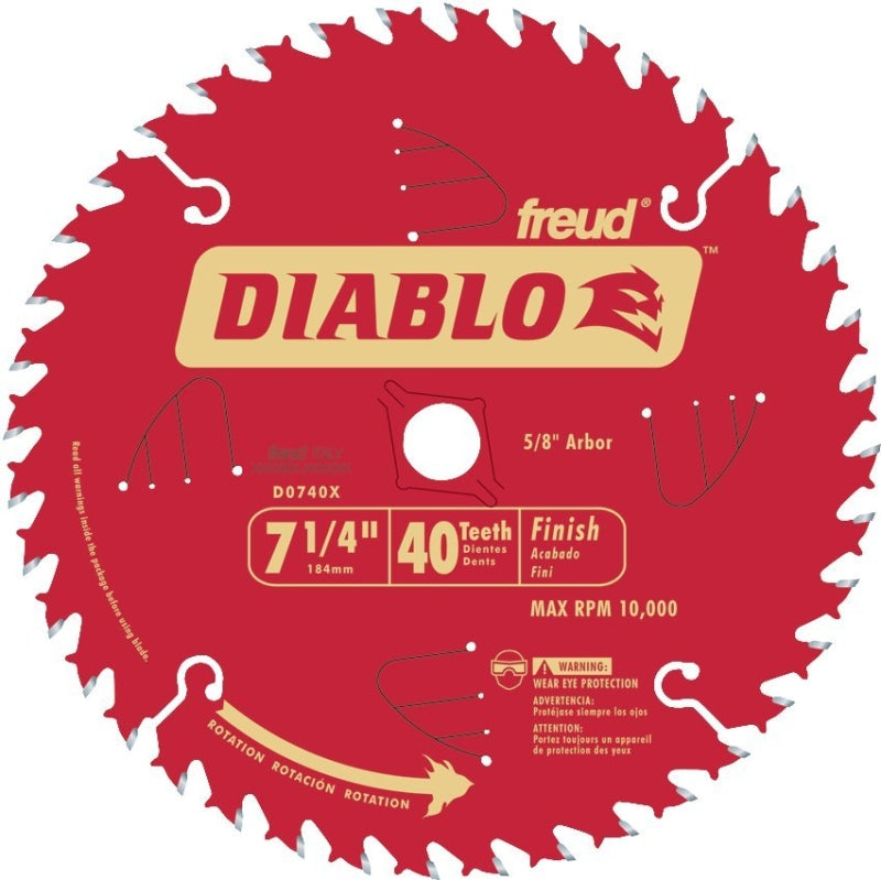 Diablo D0740X Circular Saw Blade, 7-1/4 in Dia, 5/8 in Arbor, 40-Teeth, Carbide Cutting Edge