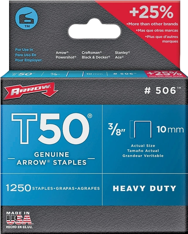 Arrow T50 Series 50624 Staple, 3/8 in W Crown, 3/8 in L Leg