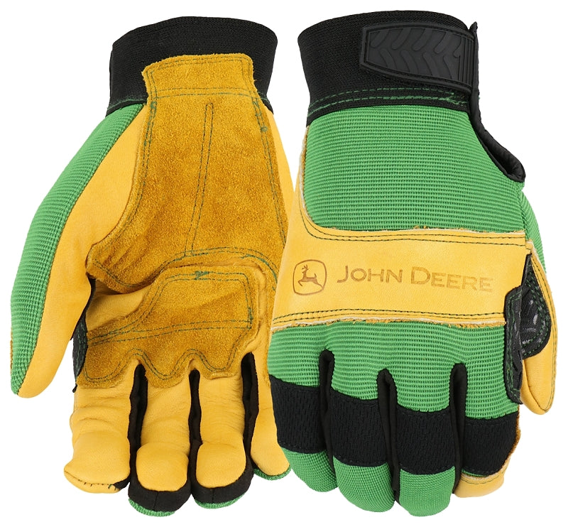 John Deere JD00009-L Gloves, Men's, L, Reinforced Thumb, Hook and Loop Cuff, Spandex Back, Green/Yellow