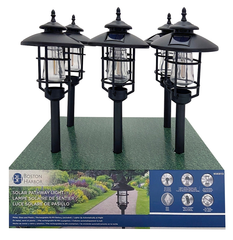 Boston Harbor Solar Stake Light w/LED Filament, Ni-Mh Battery, AA Battery, 1-Lamp, Black, Battery Included: Yes