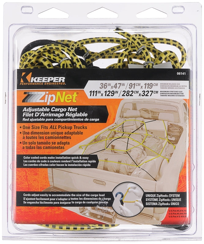 Keeper ZipNet 06141 Adjustable Cargo Net, 86 in L, 74 in W, Rubber, Black/Yellow