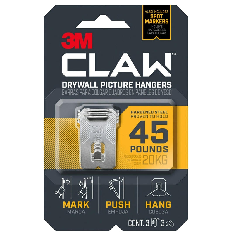 3M CLAW 3PH45M-3ES Drywall Picture Hanger, 45 lb, Steel, Push-In Mounting, 3/PK