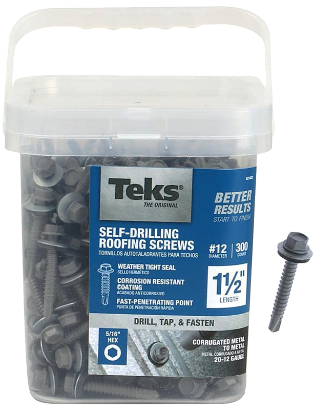 Teks 21422 Roofing Screw, #12 Thread, Hex Drive, Drill, Self-Tapping Point, Steel, Metallic