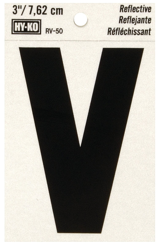 Hy-Ko RV-50/V Reflective Letter, Character: V, 3 in H Character, Black Character, Silver Background, Vinyl
