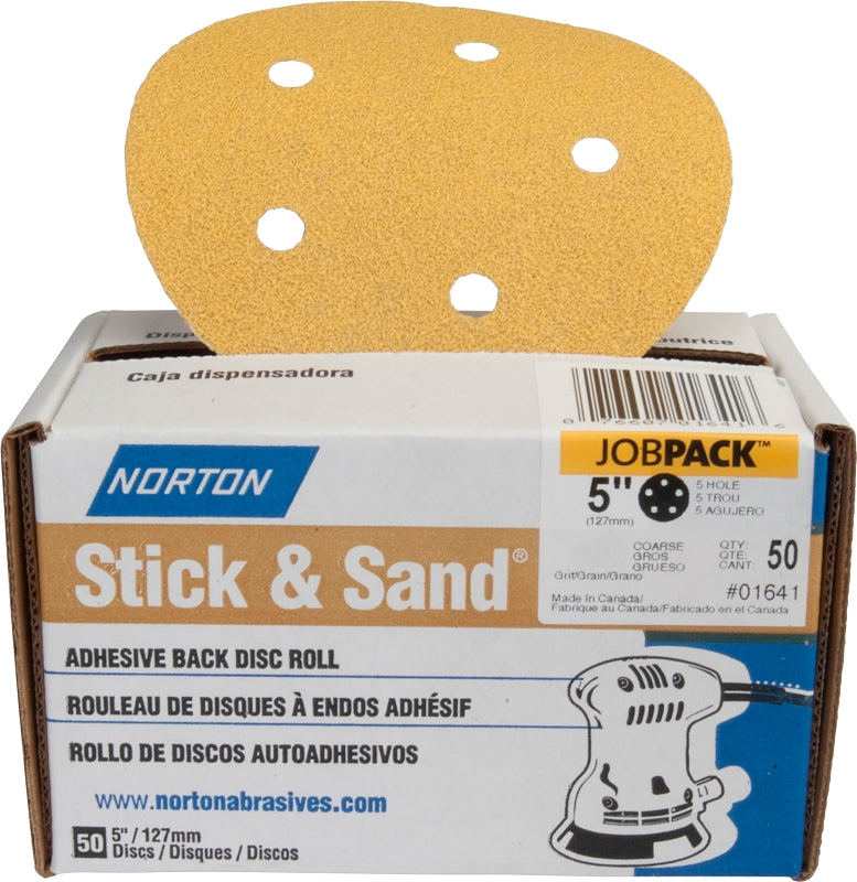 Norton Stick & Sand Series 07660701644 Sanding Disc, 5 in Dia, Coated, 120 Grit, Medium, Aluminum Oxide Abrasive