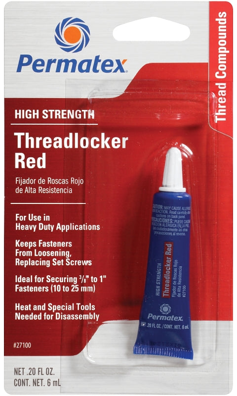 Permatex 27100 High-Strength Thread Locker, Red, Liquid, 6 mL Tube