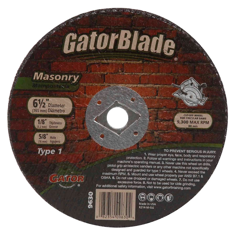 Gator 9630 Cut-Off Wheel, 6-1/2 in Dia, 1/8 in Thick, 5/8 in Arbor