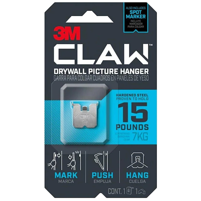 3M CLAW 3PH15M-1ES Drywall Picture Hanger, 15 lb, Steel, Push-In Mounting, 1/PK