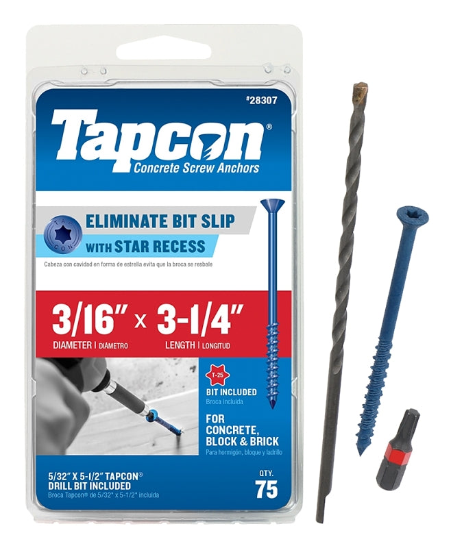 Tapcon 28307 Concrete Screw Anchor, 3/16 in Dia, 3-1/4 in L, Steel, Climaseal