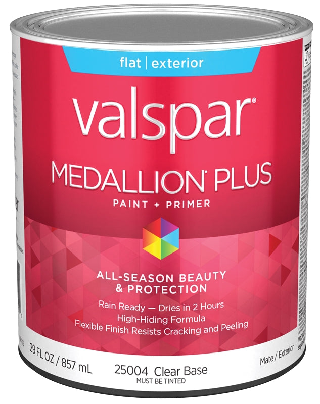 Valspar Medallion Plus 2500 028.0025004.005 Latex Paint, Acrylic Base, Flat Sheen, Clear Base, 1 qt, Plastic Can