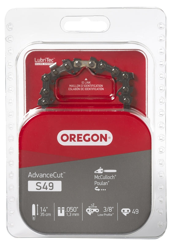 Oregon S49 Chainsaw Chain, 14 in L Bar, 0.05 Gauge, 3/8 in TPI/Pitch, 49-Link