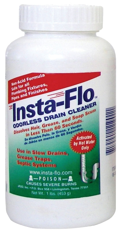 Insta-Flo IS-100 Drain Cleaner, Solid, White, Odorless, 1 lb Bottle
