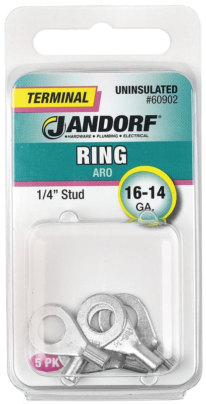 Jandorf 60902 Ring Terminal, 16 to 14 AWG Wire, 1/4 in Stud, Copper Contact