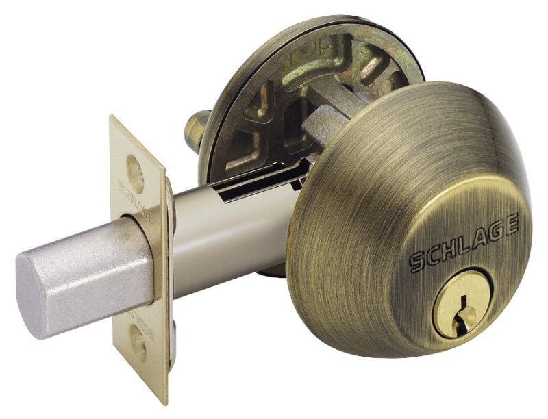 Schlage B60609 Deadbolt, 1 Grade, SC1 Key, Metal, Antique Brass, 2-3/8, 2-3/4 in Backset, C Keyway