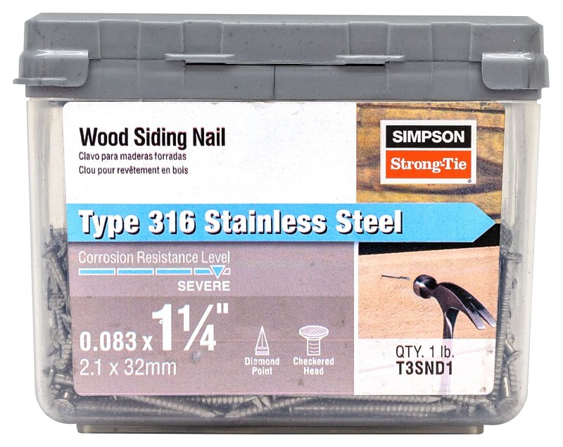 Simpson Strong-Tie T3SND1 Wood Siding Nail, 3D, 1-1/4 in L, Stainless Steel, Full Round Head, Annular Ring Shank