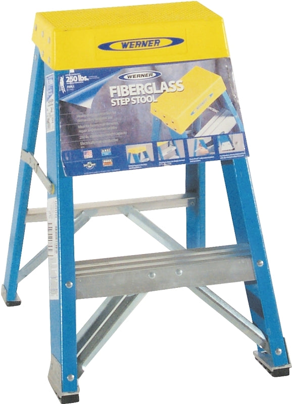 WERNER 6002 Step Ladder, 8 ft Max Reach H, 2-Step, 250 lb, Type I Duty Rating, 3 in D Step, Fiberglass, Blue