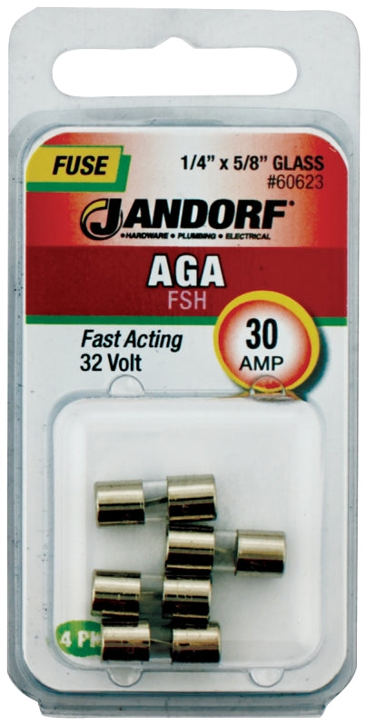 Jandorf 60623 Fast Acting Fuse, 30 A, 32 V, 1 kA Interrupt, Glass Body
