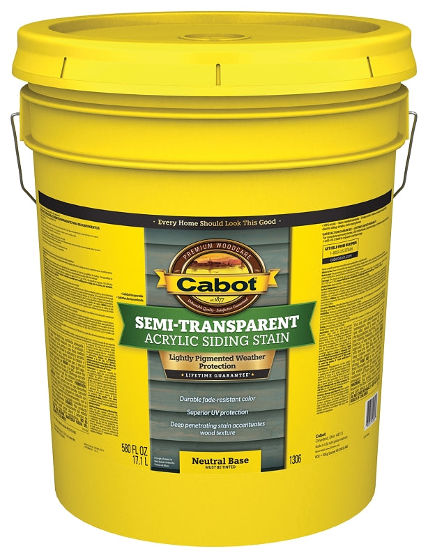 Cabot 1300 Series 140.0001306.008 Exterior Stain, Semi-Transparent, Neutral Base, Liquid, 5 gal, Pail