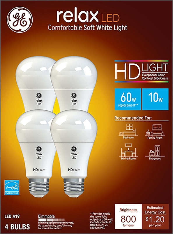 GE 96687 LED Bulb, General Purpose, A19 Lamp, 60 W Equivalent, E26 Lamp Base, Dimmable, Soft White Light