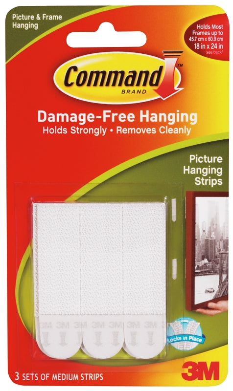 Command 17201 Picture Hanging Strip, 3/64 in Thick, Paper Backing, White, 3 lb