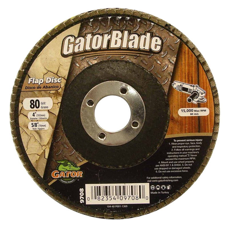 GatorBlade 9708 Flap Disc, 4 in Dia, 5/8 in Arbor, 80 Grit, Zirconium Oxide Abrasive