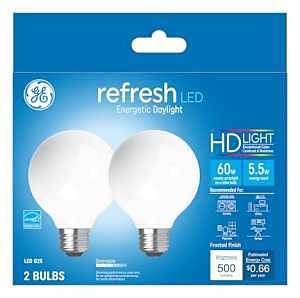 GE Refresh Series 31709 Replacement LED Light Bulb, G25 Lamp, 60 W Equivalent, E26 Medium Lamp Base, Dimmable, Frosted